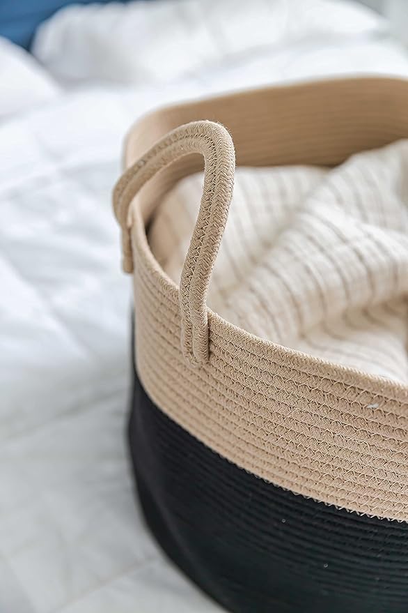 OrganiHaus Woven Laundry Basket, Large Cotton Rope Blanket Holder with Handles, Soft & Sturdy Nursery Hamper, Decorative Toy Bin for Living Room Organization 20x13 inches - Black/Honey-Ruum Studio Home
