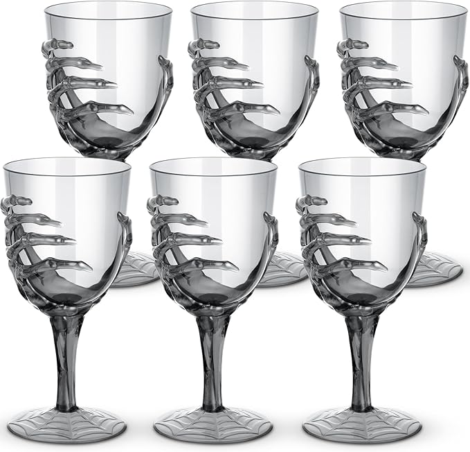 Dandat 6 Pcs Halloween Skeleton Hand Goblets 12oz Clear Plastic Halloween Cups Skull Wine Glass Set for Creepy Spooky Party Decorations (Black)-Ruum Studio Home