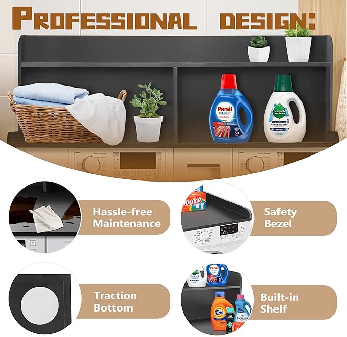 Royxen 2-Tier Washer Dryer Countertop,19.5"H Wood Washer and Dryer Topper with Storage Shelf,Laundry Countertop Over Washer Machine, Universal Fit for Laundry Room Organization (Black, 54"W X 27.5"D)-Ruum Studio Home