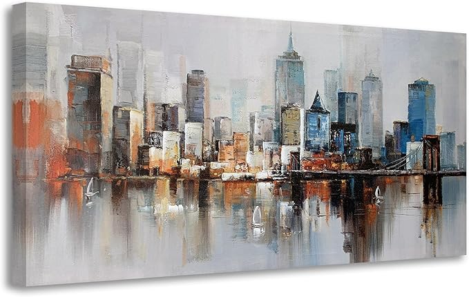 Arjun Brooklyn Bridge Wall Art Modern New York City Abstract Canvas Cityscape Painting Large Size Framed, Colorful NYC Skyline Textured Picture for Living Room Bedroom Home Office Wall Decor, 40"x20"-Ruum Studio Home