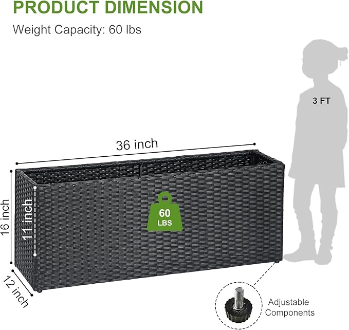 LEWIS&WAYNE Large Rectangular Block Planter Box Handmade Wicker Tall Planters for Outdoor Plants with Removable Liners Modern Planter for Indoor Outdoor Patio Deck - Black, 36''x12''x16''-Ruum Studio Home