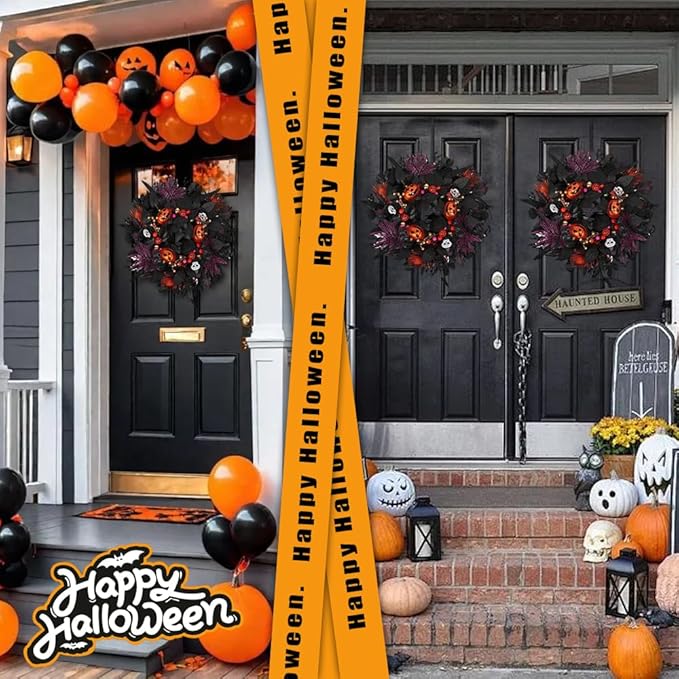 24" Glitter Halloween Wreath Outdoor - Sparkly Balls, Skulls, Bat, Skeleton, Pumpkin on Black Twig | Front Door Outside Goth Decor for Spooky Night-Ruum Studio Home