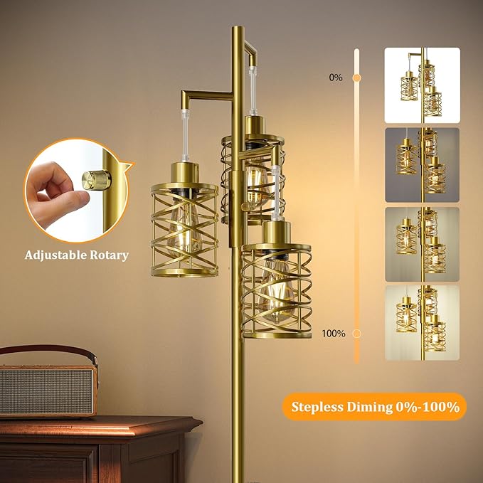 Oneach 70" Industrial Floor Lamp, Stepless Dimmable Standing Lamp with 3 Bulbs, Farmhouse Corner Standing Tree Lamp for Living Room, Tall Lamps for Bedroom, Office, Study Room, Dining Room, Gold-Ruum Studio Home