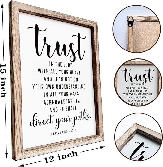 Christian Wall Signs, Rustic Home Decor, Church Room Decoration, Proverbs 3:5-6 Sign, Framed Wall Plaque Sign 15 * 11.5 inches, Trust in the Lord with All Thine Heart-Ruum Studio Home