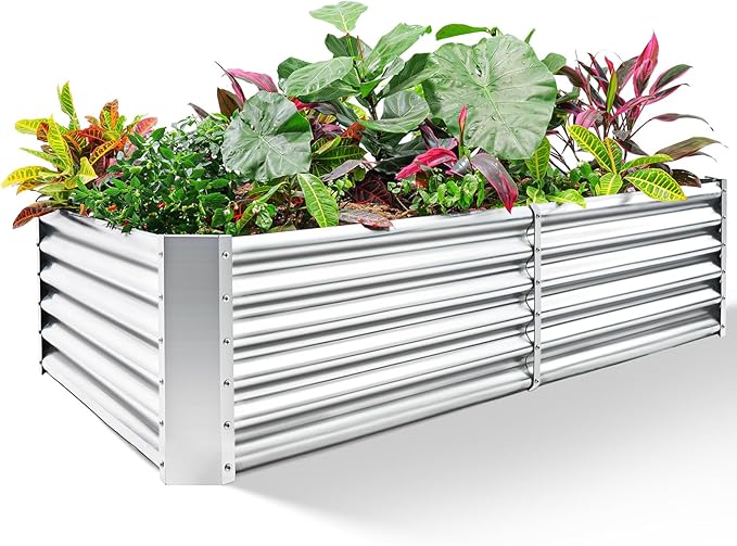 Land Guard Metal Raised Garden Bed for Gardening, 8x4x1.5ft Galvanized Raised Garden Bed, Planter Boxes Outdoor for Vegetables, Fruits and Flowers (Silver)-Ruum Studio Home
