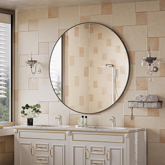 BEAUTYPEAK 42 Inch Round Mirror, Metal Frame Circle Mirror, Wall Mounted for Entryway, Bathroom, Vanity, Living Room, Black-Ruum Studio Home