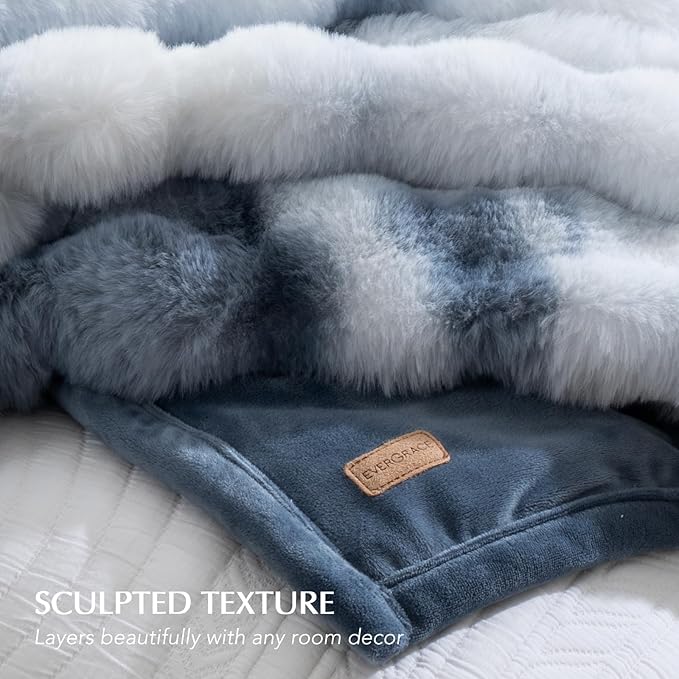 EVERGRACE Ultra Soft Luxury Fluffy Ridgeline Faux Rabbit Fur Throw Blanket, Thick Warm Bubble Throw for Bed, Cozy Plush Reversible Blankets for Couch, Chair, Sofa, Cloud Blue, 50x60 Inches, 870 GSM-Ruum Studio Home