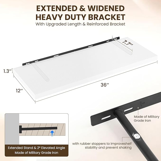 36" Floating Shelves for Wall, 12" Deep Slim White Floating Shelves, Wall-Mounted Shelves for Bedroom, Living Room, Kitchen, Bathroom - Set of 2-Ruum Studio Home