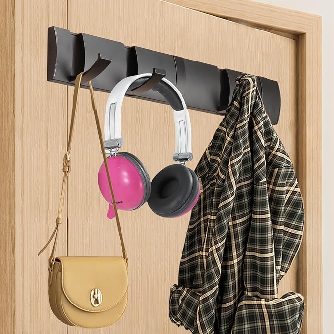 Folding Coat Hooks, Wall Mounted Coat Rack with 5 Retractable Hooks, Heavy Duty Towel Rack for Bathroom Wall Hook for Hanging Clothes Bathrobe, Stainless Steel Coat Hanger for Entryway(Black)-Ruum Studio Home