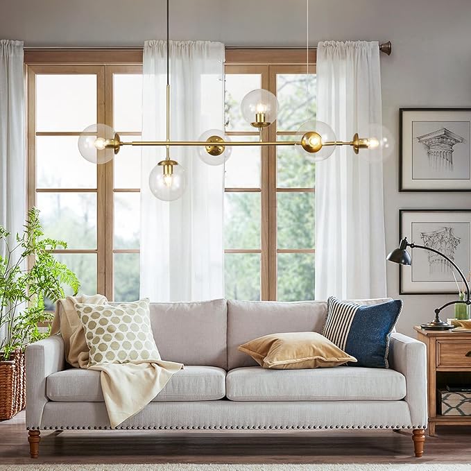 KCO Lighting 6 Light Bubble Chandelier Lighting Clear Glass Globe Chandelier Brass Gold Linear Pendant Light Mid Century Modern Pendant Light for Living Room Kitchen Island Dining Room-Ruum Studio Home