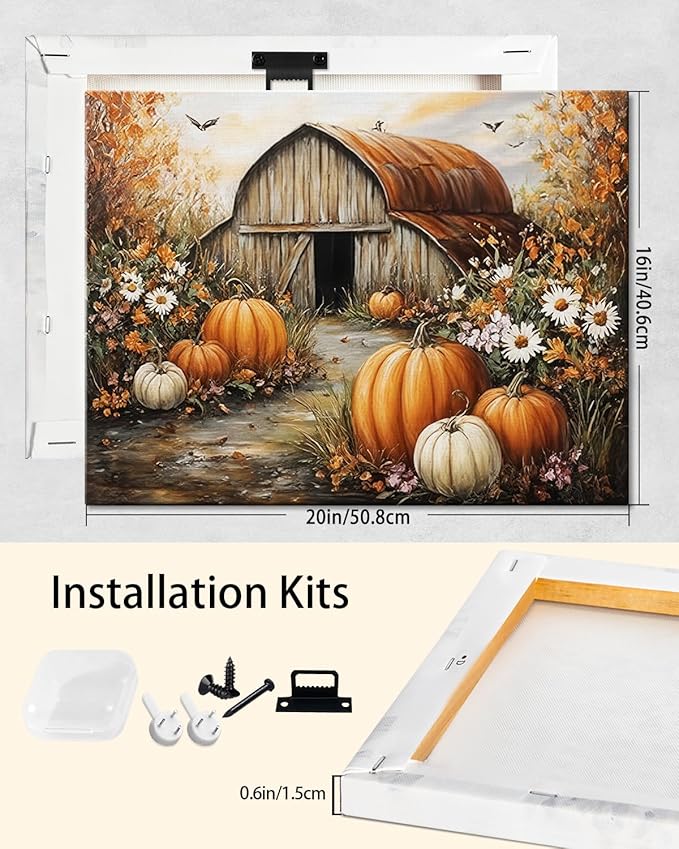 Autumn Pumpkin Barn Framed Wall Art Decor, Moody Fall Decor Rustic Country Landscape Picture Print for Farmhouse Decor,Thanksgiving Decorations Country Canvas Wall Art, Ready to Hang-Ruum Studio Home