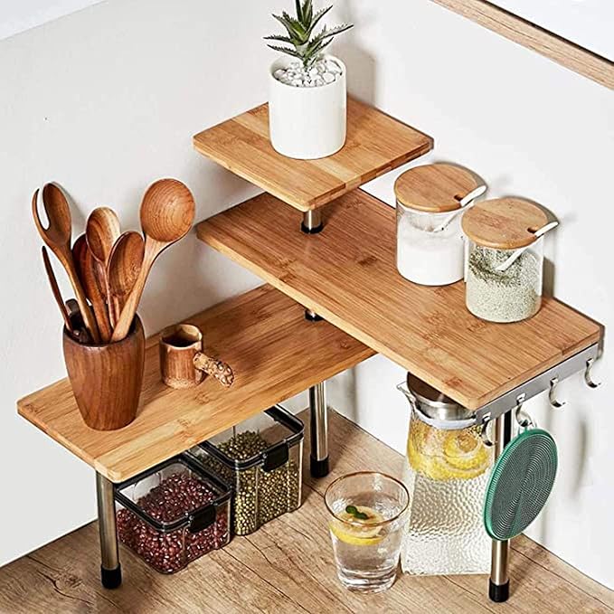 HYNAWIN Corner Shelf, 3 Tier Bamboo & Metal Storage Spice Rack-Desk, Space Saving Bookshelf with Hooks, Adjustable Display Shelf for Creative Home Décor Kitchen, Bedroom, Office (21CO)-Ruum Studio Home