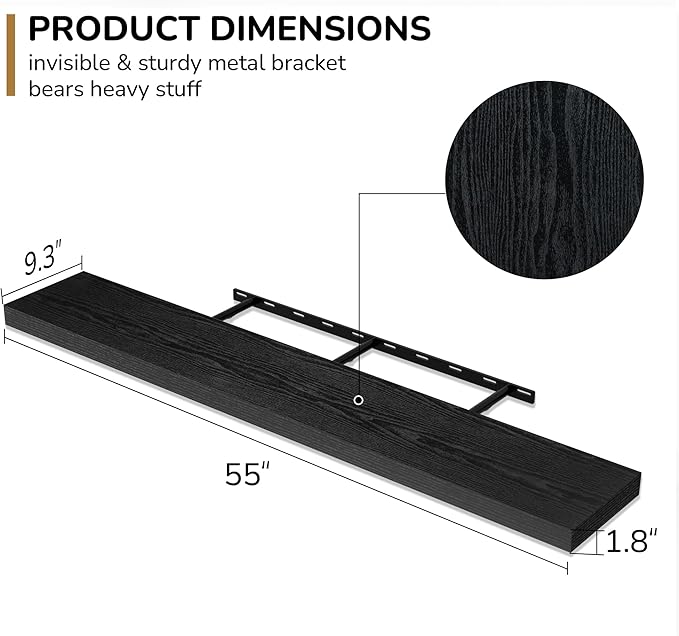 Fun Memories 55 Inch Floating Shelves - 9 Inch Deep Rustic Wooden Wall Shelves - Extra Deeper & Thicker Wall Mounted Storage Shelf for Living Room Kitchen Farmhouse - Rustic Black-Ruum Studio Home