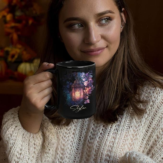 Custom Vintage Lantern With Flowers Coffee Mug, Personalized Name Ceramic Cup 11oz Or 15oz, Glowing Light And Flowers Mug, Customized Enchanted Nature Black Cup, Gift For Friends-Ruum Studio Home