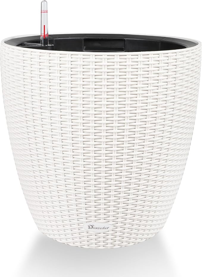 Dexceder 15x14 Rattan Self Watering Planter with Wheels Indoor Outdoor, Inner Pot Design, Thickened Large Floor Standing Flower Plant Pot with Water Level Indicator (Ivory White)-Ruum Studio Home