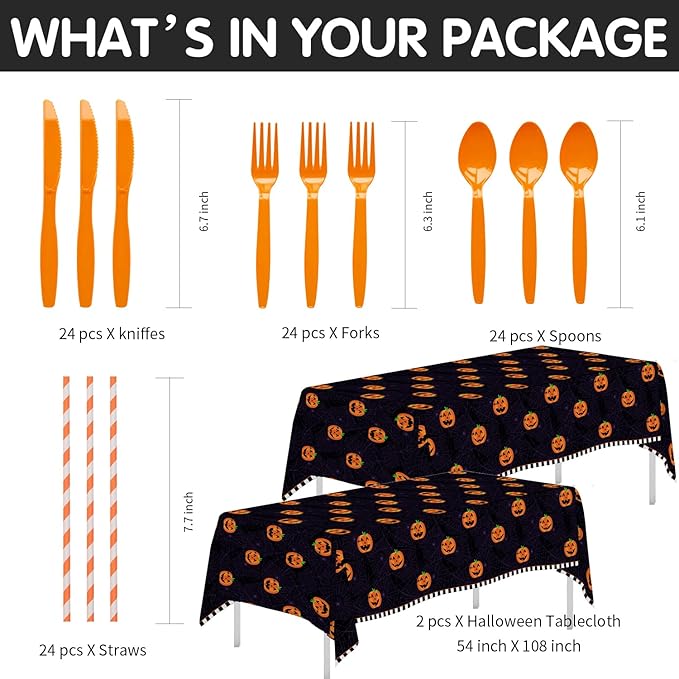 Halloween Plates and Napkins Party Supplies, Pumpkin Halloween Party Decorations Tableware, Pumpkin Paper Plate, Cup, Napkin, Tablecloth, Disposable Cutlery, Serves 24-Ruum Studio Home