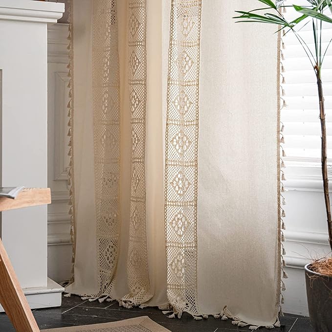 Sutuo Home Boho Curtain Crochet Lace Patchwork Semi-Blackout Bohemian Handmade Tassels, Rod Pocket Window Treatment Vintage Rustic Farmhouse Drapes for Bedroom, 1 Panel 59" W x 108" L, Beige-Ruum Studio Home