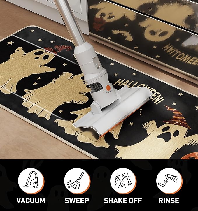 Halloween Kitchen Mat Set of 2, Pumpkin Ghost Bat Halloween Kitchen Decor, Halloween Rug for Floor, Indoor Spooky Home Decor with Non-Slip Backing,17 x 29 Inch & 17 x 47 Inch-Ruum Studio Home