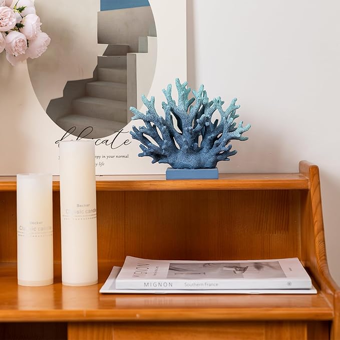 5.8" H Blue Coral Decor, Resin Coral Statue, Nautical Decorations for Home, Beach/Coastal/Ocean Themed Cabinet Shelf Tabletop Decor-Ruum Studio Home