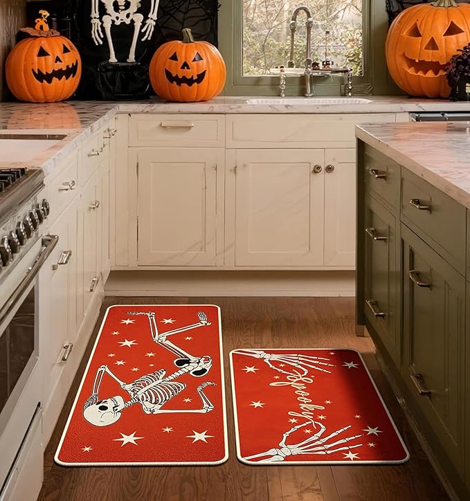 Halloween Kitchen Mat Set of 2, Spooky Skeleton Gothic Halloween Kitchen Decor, Halloween Rug for Floor, Indoor Spooky Home Decor with Non-Slip Backing,17 x 29 Inch & 17 x 47 Inch-Ruum Studio Home