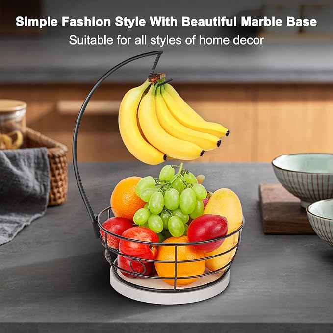 Livabber Countertop Fruit Basket Bowl with Banana Hanger, Modern Standing Fruit Vegetable Bowl Storage, with Banana Tree Holder for Kitchen Dinning Table (Round Marble, Black)-Ruum Studio Home