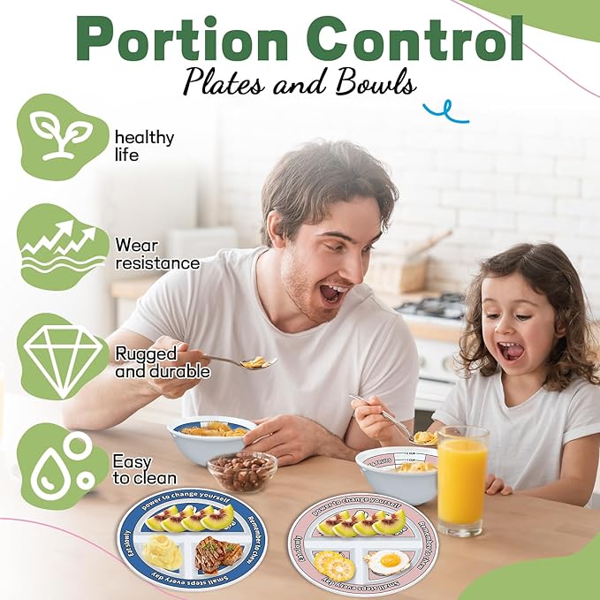 4 Pcs Portion Control Plates & Bowls Set (2 Plates + 2 Bowls, 9 Inch) - Self-Measuring for Weight Loss, Gastric Bypass, LapBand, Diabetes & Healthy Diets, Pink & Blue, for Adults & Children-Ruum Studio Home