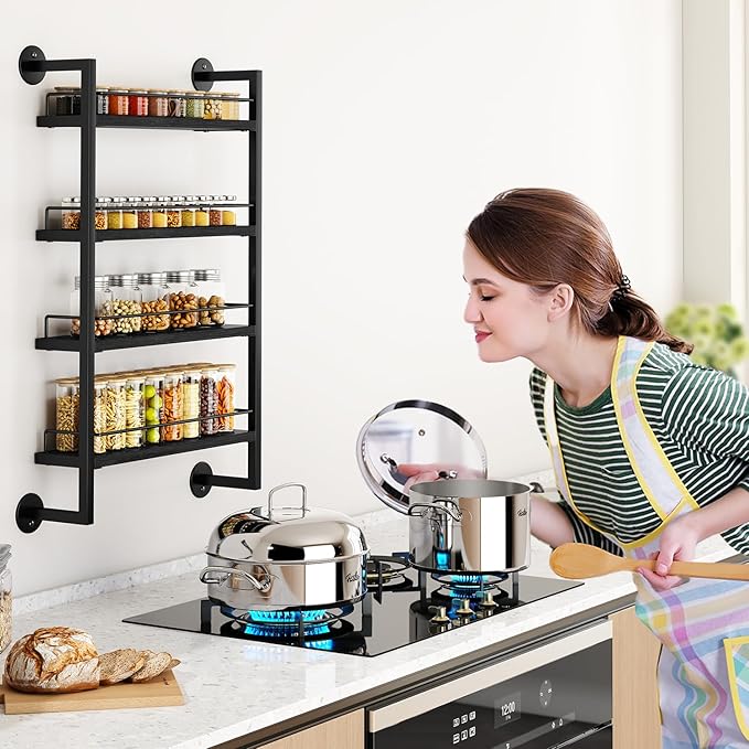 IBUYKE Spice Rack Wall Mount,4 Tier Hanging Seasoning Organizer, Spice Rack for Wall for up to 50 Jars,Spice Organization for Kitchen Cabinet,Living Room,Bathroom,Pantry,Black UTLJ016B-Ruum Studio Home