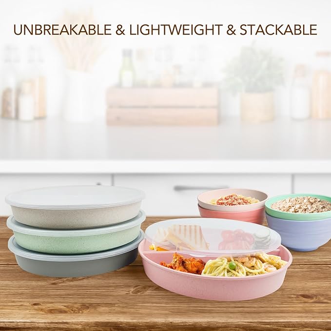greenandlife 9 Inch 4PCS Divided Plates with Lids, Portion Control Plates for Kids Adults, Dishwasher Microwave Safe Compartment Plate, Unbreakable Lightweight Reusable Wheat Straw Plate Set, INS-Ruum Studio Home