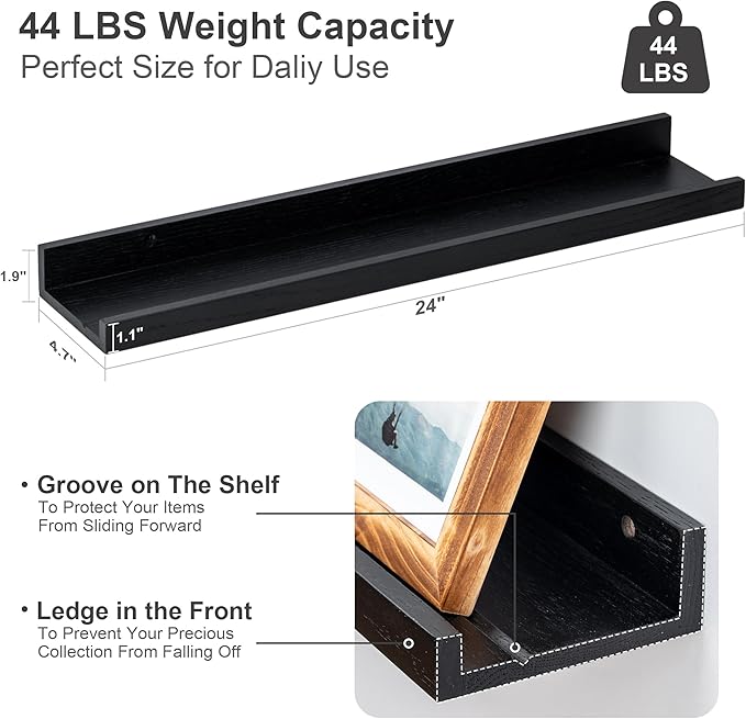 Floating Picture Ledge Shelves 24 Inch Solid Oak Wood Set of 2, Rustic Wall Storage Shelves with Lip, Kids Bookshelf, Photo & Picture Ledge Shelves for Bedroom, Living Room, Kitchen-Ruum Studio Home