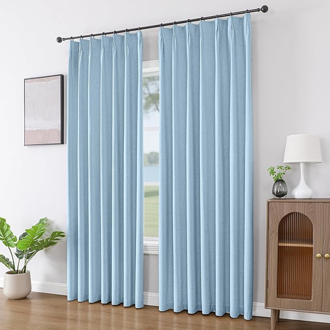 Joydeco 100% Blackout Pleated Curtains, Linen Window Curtains 2 Panel Sets 108 inches Long, Thermal Insulated Darkening Drapes for Bedroom(Chambray Blue,40'' Wx108'' L)-Ruum Studio Home