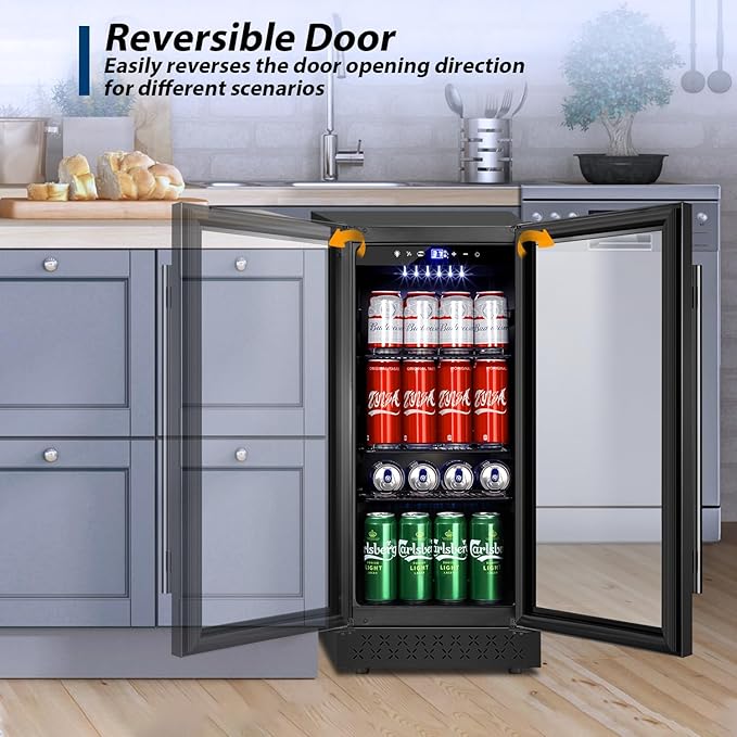 Tylza 15 Inch Beverage Refrigerator, Under Counter/Freestanding Drink Fridge, 130 Cans Beverage Cooler with Glass Door, Reversible Door, Low Noise, Quick Cooling - for Beer, Soda, ETC, Black-Ruum Studio Home