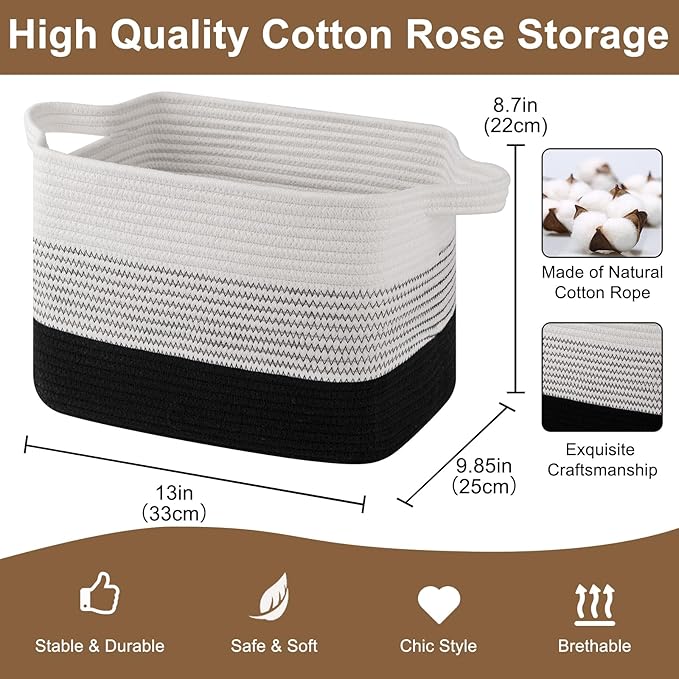 Storage Basket for Organizing, Woven Baskets for Storage, Rectangle Decorative Baskets for Shleves, Closet, Toys, Books, Nursery Organizer Bins - Pack of 3 (Gradient Black)-Ruum Studio Home