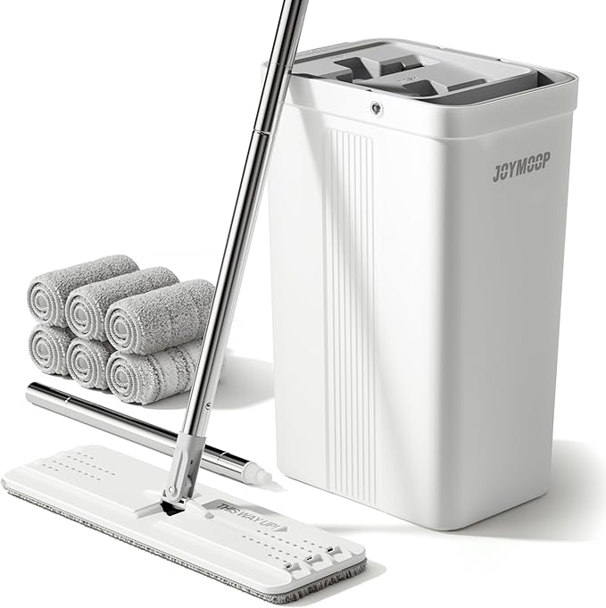 JOYMOOP Mop and Bucket Set with Wringer, Flat Mops for Floor Cleaning, Wall Mop Cleaner with Long Handle, Hardwood Floor Mop with 6 Microfiber Pads-Ruum Studio Home