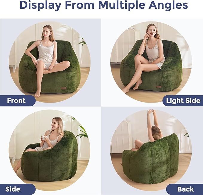 MAXYOYO Bean Bag Chair, Comfy Bean Bag Sofa with Back Support, Faux Fur Bean Bag Chair for Adults and Kids, Stuffed Floor Sofa for Living Room, Bedroom, Apartment, Green-Ruum Studio Home