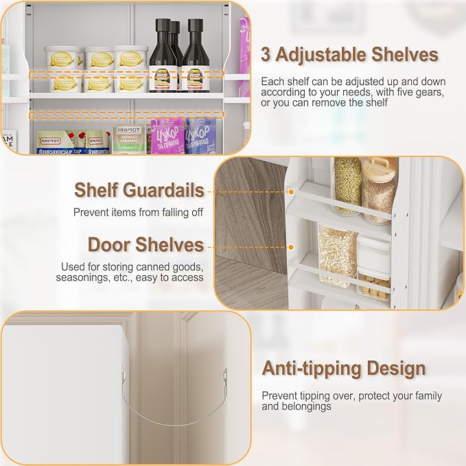 51" Metal Kitchen Pantry Cabinet, Storage Cabinets with 2 Door and 3 Adjustable Shelves, White Freestanding Food Storage Cabinet, Steel Cupboard for Kitchen Dinning Room-Ruum Studio Home