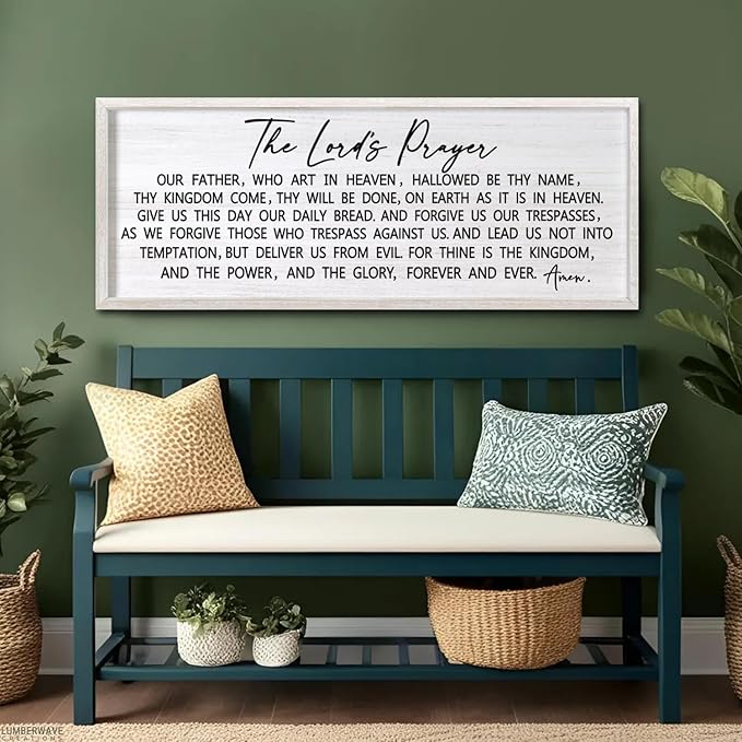 Our Father Prayer Bible Verse Framed Wall Art, 40''×15'' White Horizontal Religious Christian Lords Prayer Sign for God Jesus Christ Prayer, Rustic Holy Inspirational Catholic Scripture Decor-Ruum Studio Home