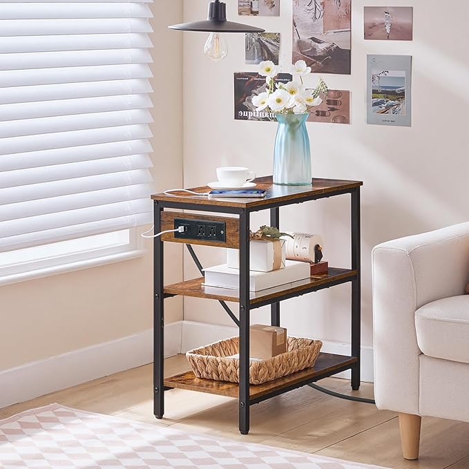 HOOBRO End Table with Charging Station, Simple Rustic Side Table with 3-Tier Storage Shelf, Narrow Nightstand for Small Spaces, for Living Room, Industrial Design, Rustic Brown and Black BF149UBZ01-Ruum Studio Home
