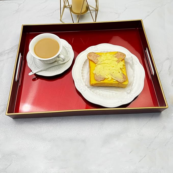 Large Red Decorative Tray, Serving Tray with Handles, Plastic Coffee Table Tray for Ottoman, Living Room, Bathroom, Decor. 15.7” x 11.8” x1.6”-Ruum Studio Home