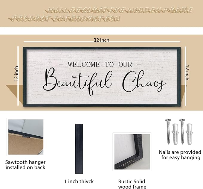 comurdyo Welcome To Our Beautiful Chaos Wall Decor Art 32"X12" for Home Entryway Sign Large Wood Framed Wall Hanging (Black)-Ruum Studio Home