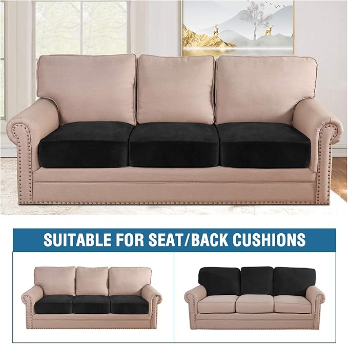 H.VERSAILTEX Velvet Stretch Couch Cushion Cover Plush Cushion Slipcover for Chair Loveseat Sofa Cushion Furniture Protector Seat Cushion Sofa Cover (3 Piece XL Sofa Cushion Covers, Black)-Ruum Studio Home