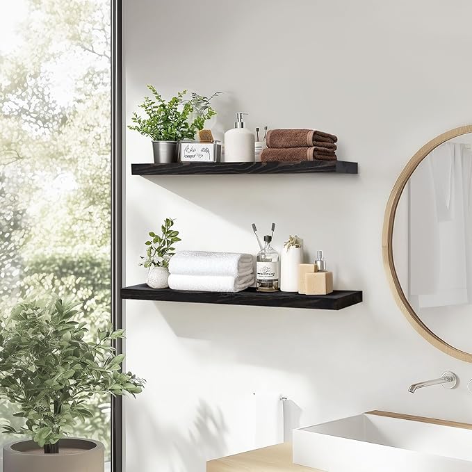 24"x6.8"x1.2" Solid Wood Floating Shelves 2-Pack - Rustic Black Finish with Hidden Brackets, Perfect for Storage and Décor in Living Room, Kitchen, Bedroom-Ruum Studio Home
