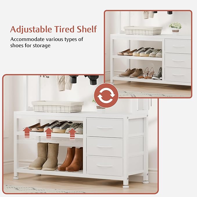 Lulive Hall Tree with Bench and Shoe Storage, 31.5" Coat Rack Freestanding with 2-Tier Storage Shelf, 5-in-1 Entryway Bench Coat Rack with 12 Hooks and 3 Drawers(White)-Ruum Studio Home