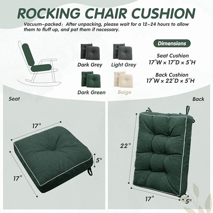 YZ HOME Rocking Chair Cushion, Set of Thicken Seat & Back Chair Cushions with Memory Foam, Non-Slip Chair Pad with Ties for for Indoor&Outdoor Rocker, Dark Green, 22x17x5/17x17x5-Ruum Studio Home