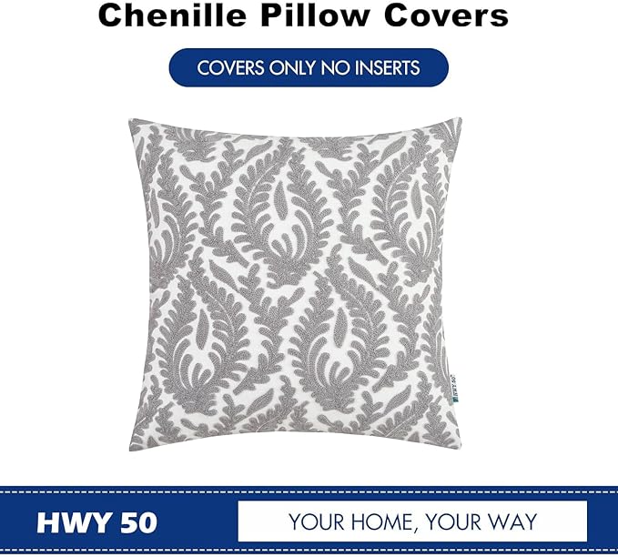HWY 50 Grey Gray Decorative Throw Pillow Covers 18x18 Inch (1 Piece), Embroidered Cotton Farmhouse Cushion Cover Pillow Case for Sofa Couch Living Room Bed Bedroon, Floral Branches-Ruum Studio Home