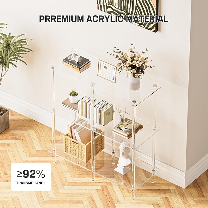 Acrylic Console Table, 29.53" Modern Entryway Table with Storage Shelves, 3 Tier Layer Storage for Foyer, Living Room, Clear.-Ruum Studio Home