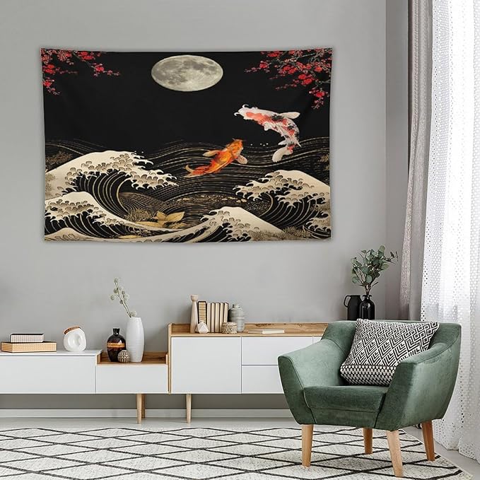Houselerax Koi Fish Tapestry, Japanese Style Yin Yang Big Wave Cherry Blossom Tapestries Wall Hanging for Bedroom Living Room Office Decor 90"x60"-Ruum Studio Home