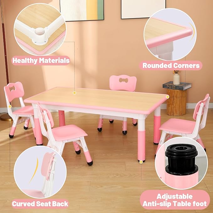 FUNLIO Kids Table and 4 Chairs Set for Ages 3-8, Height Adjustable Toddler Table and Chair Set, Easy to Wipe Arts & Crafts Table, for Classrooms/Daycares/Homes, CPC & CE Approved (5 pcs Set) - Pink-Ruum Studio Home