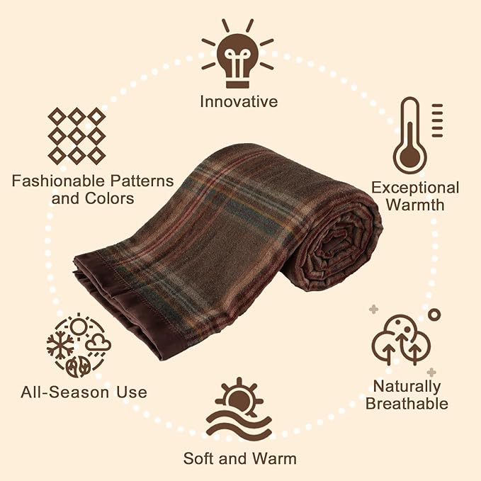 YOUR MOON 100% Pure Merino Wool Queen Size, Australian Organic Natural Wool Blanket, Hypoallergenic Wool Blanket for Bed, Medium Weight(Plaid Brown, 90 * 90)-Ruum Studio Home
