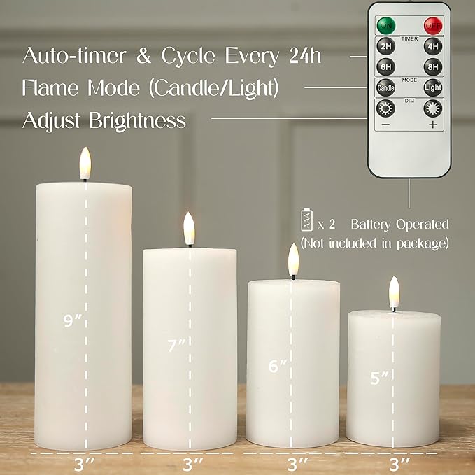 LUSHABOR Flameless Candles, 4 Pack Battery Operated Candles with Remote, Real Wax LED Fake Candles with Timer Flickering for Christmas Wedding Home Party D3 H 5" 6" 7" 9" White-Ruum Studio Home