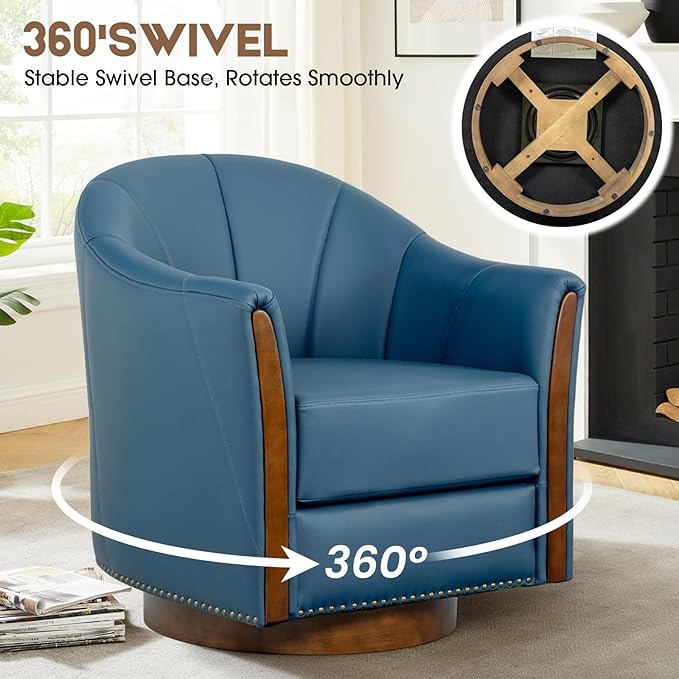 360° Swivel Accent Chair, Modern Leather Barrel Club Chair with Leather Upholstery and Sturdy Wood Base, Comfortable Armchair for Living Room, Bedroom, Reading Nook, Blue-Ruum Studio Home